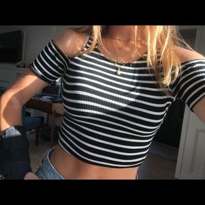 urban black + white stripe off shoulder crop top